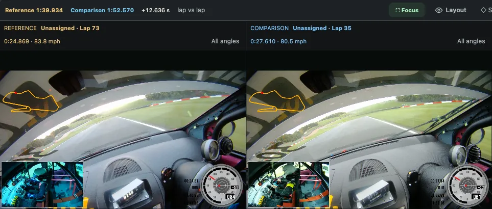 Lap comparison in raceGENIE: two onboard videos from the same car side by side at the same point on track, each with its lap time, speed and a small circuit map.
