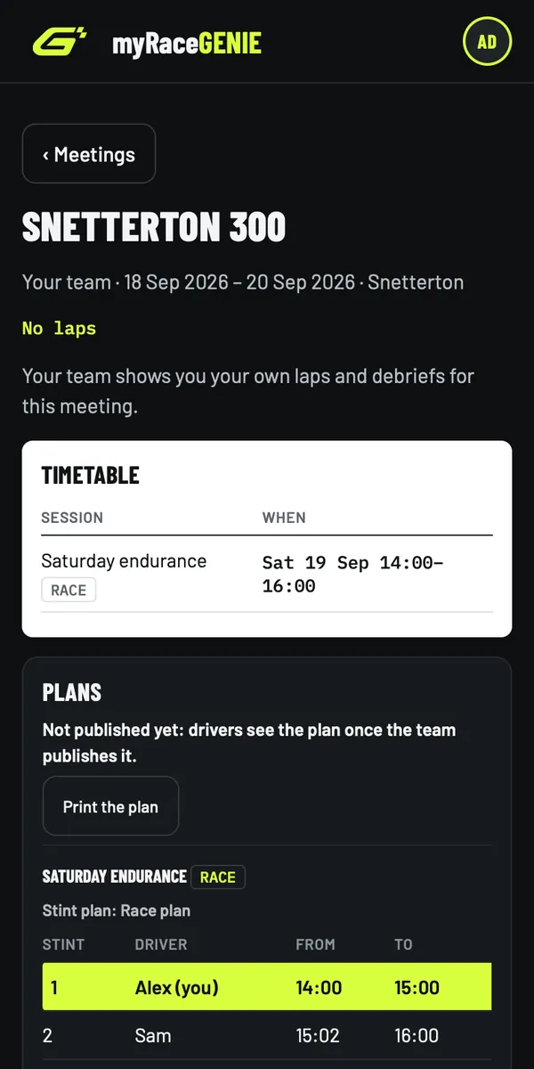 myRaceGENIE on a phone: a meeting at Snetterton with its timetable and the race's stint plan, the driver's own stint highlighted.