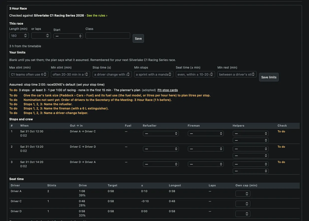 A race plan in raceGENIE for a three-hour race: the race length, the team's limits, a list of things still to do, three stops with times and driver changes, crew choices for each stop, and seat time per driver.