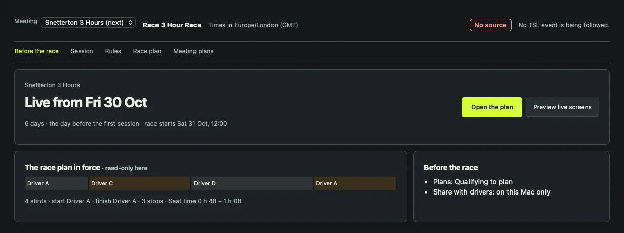 Race Operations in raceGENIE before a three-hour race: when the meeting goes live, the race plan in force as a bar of four stints, and what is still to do before the race.